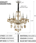 Diagram of a 6 Light Crystal Chandelier With Metal Frame And Six Arms Vintage Candle Style Pendant Ceiling Light Cognac Finish With Raindrop Crystals Dimmable Bulbs Compatible 23 Inch Diameter 22 Inch Height Adjustable Chain Up To 47 Inches, showing dimensions and specifications.