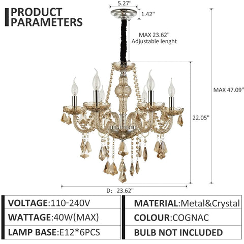 Diagram of a 6 Light Crystal Chandelier With Metal Frame And Six Arms Vintage Candle Style Pendant Ceiling Light Cognac Finish With Raindrop Crystals Dimmable Bulbs Compatible 23 Inch Diameter 22 Inch Height Adjustable Chain Up To 47 Inches, showing dimensions and specifications.