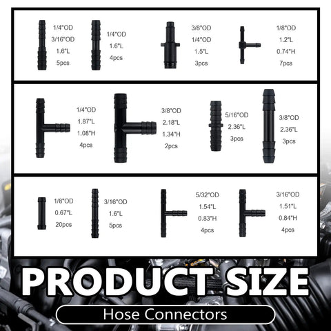 Silicone Vacuum Hose Kit For Cars Six Sizes From 1/8 To 3/8 Inch With 64 Connectors And 24 Clamps 94 Piece Set connectors and sizes
