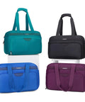 Four Go-To Carry On Luggage Duffel Bags in black, teal, blue, and purple, showing front pocket design and adjustable straps.