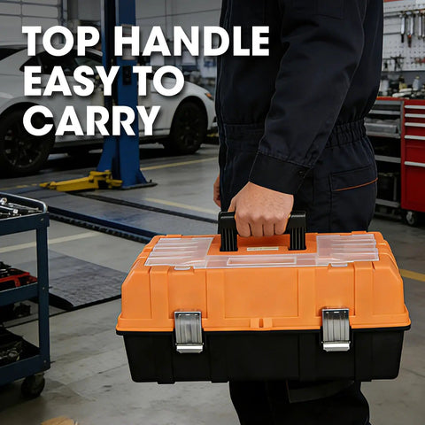 17 Inch Plastic Tool Box With 3 Tier Fold Out Trays, Heavy Duty Latches For Easy Metric Imperial Sorting, Portable Shop Case Built Tough For The Daily Grind And No Sweat Organization