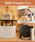 Under Desk Space Heater for Office and Home with foot warmer and pet area displayed in an office and living room setup.