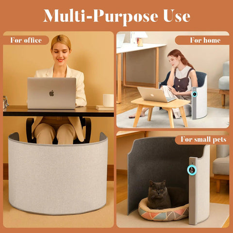 Under Desk Space Heater for Office and Home with foot warmer and pet area displayed in an office and living room setup.
