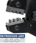 Close-up of open barrel crimping tool jaws for Dupont and JST XH VH connectors 3.96mm 2.54mm 2.5mm AWG 18 to 28