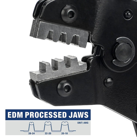 Close-up of open barrel crimping tool jaws for Dupont and JST XH VH connectors 3.96mm 2.54mm 2.5mm AWG 18 to 28