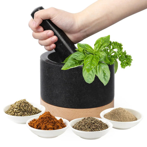 Durable Granite Mortar And Pestle Set With Wood Base For Grindin Herbs And Spices, Perfect For Guac And Salsa