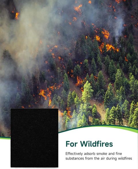 Image of Six Pack Carbon Pre Filter for Honeywell HPA300 Series with forest fire backdrop, showing smoke filtration capability.