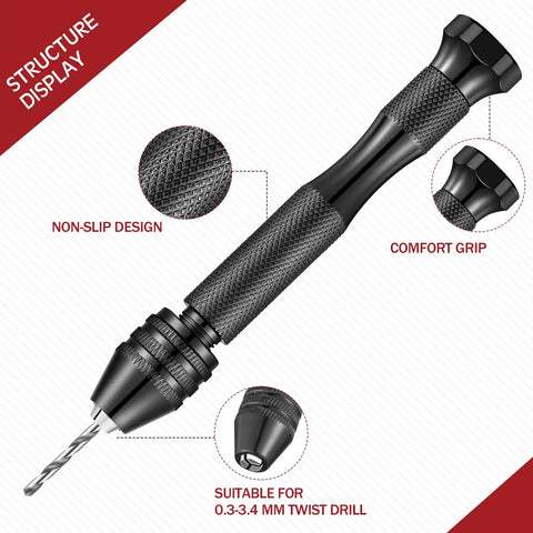 Close-up of Pro Grade hand drill pin vise with non-slip design and comfort grip, suitable for 0.3-3.4mm twist drill bit.