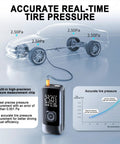 Compact Portable Tire Inflator With Digital Gauge Bright Led Light Fast Auto Shut Off 150Psi Air Pump For Cars Motorcycles And Bikes displaying tire pressure gauge.