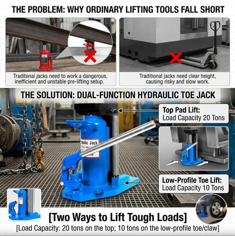 Tough As Nails Double Action Hydraulic Toe Jack Delivers Twenty Ton Top Lift And Ten Ton Side Claw Power With A Slim Low Profile Base for efficient lifting.