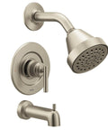 Gibson Dope Brushed Nickel Shower Trim Kit With Pressure Balance And Eco Performance Modern Design, Single Function Showerhead, Handle And Tub Spout, Posi Temp Valve Required, Valve 2510 Compatible featuring showerhead, handle, and spout.