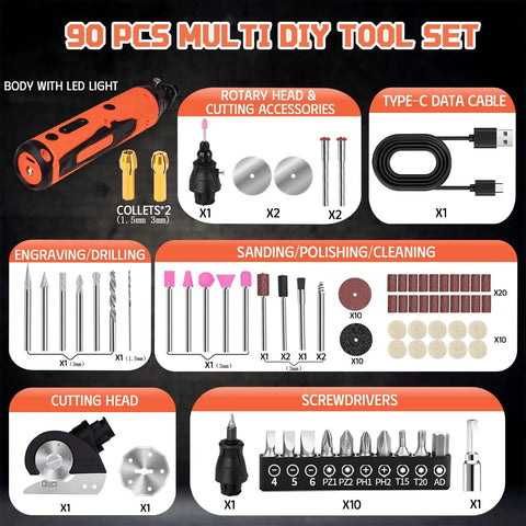 Must Have 4V Mini Cordless Rotary Tool Kit With 5 Speed USB Charging, 90 Accessories, And Removable Head System shown in components