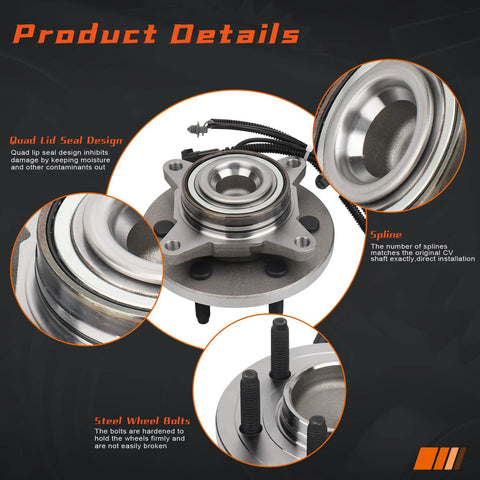 Front Wheel Bearing And Hub Assembly For 2011 2014 Lincoln Navigation Ford F 150 And Expedition 6 Lug Front Left And Right With ABS For Two Wheel Drive Rides, showing product details with seal design, spline, and bolts.