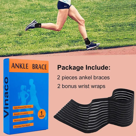 Package of Two Pack Breathable Ankle Brace For Sprained Ankles With 360 Degree Support and person running wearing brace.