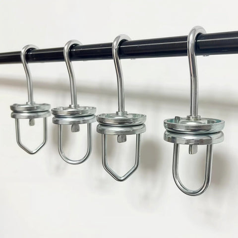Beefy Heavy Duty Powder Coating Swivel Hooks Set With 360 Degree Ball Bearing Spinner And V And U Hooks, 250 LB Capacity, Steel Hangers For Painting Powder Coating And Spray Booths, 4 Pack, shown on rod