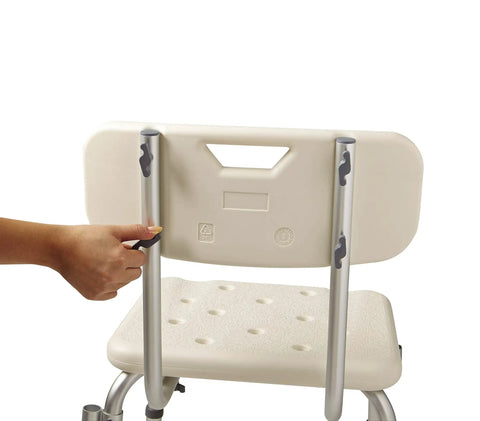 Adjustable Heavy Duty Shower Chair With Padded Armrests And Back For Inside Shower Comfort And Safety, showing backrest and adjustment knob.