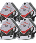 Set of four heavy duty welding magnets with arrow shape for precise angle positioning, each with 25 lb hold, ideal for metal fabrication tasks.