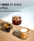 Three cups of coffee on a table; espresso, iced coffee, and cappuccino, illustrating barista-level drinks at home.
