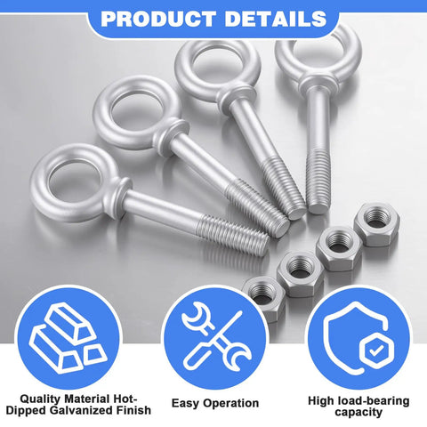 Built Like A Tank Heavy Duty 8 Pack 3/4 X 4 1/2 Inch Shoulder Eye Bolts With Nuts, Hot Dip Galvanized Rigging Hardware for lifting and securing.