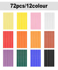 72 Pack Colored Hot Glue Sticks 0.4 x 3.9 Inches In 12 Colors For Crafts DIY Projects Repairs And General Gluing displayed in a grid.