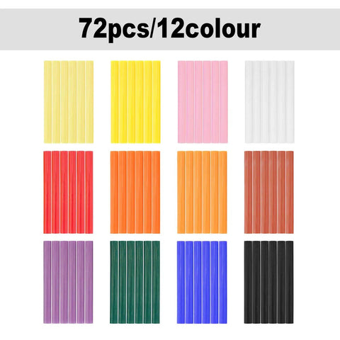 72 Pack Colored Hot Glue Sticks 0.4 x 3.9 Inches In 12 Colors For Crafts DIY Projects Repairs And General Gluing displayed in a grid.