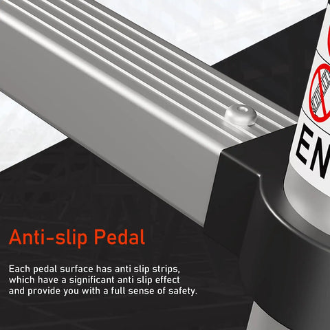 Close-up of anti-slip pedal on Lightweight Aluminum Telescoping Ladder 10.5 Ft Easy Fold Non Slip Feet Portable Collapsible Extension Ladder