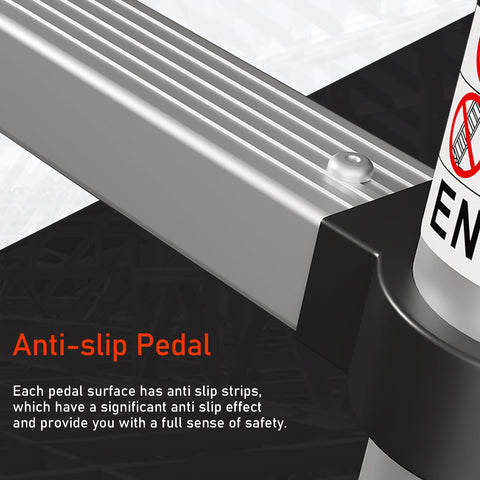 Close-up of Beefy 15 Foot Aluminum Telescoping Ladder With Hooks And Stabilizer showing anti-slip pedal design.