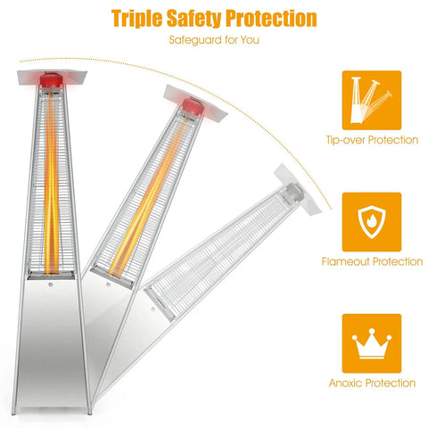 42,000 BTU Pyramid Propane Patio Heater with Dancing Flame, hammered stainless steel, showing safety features