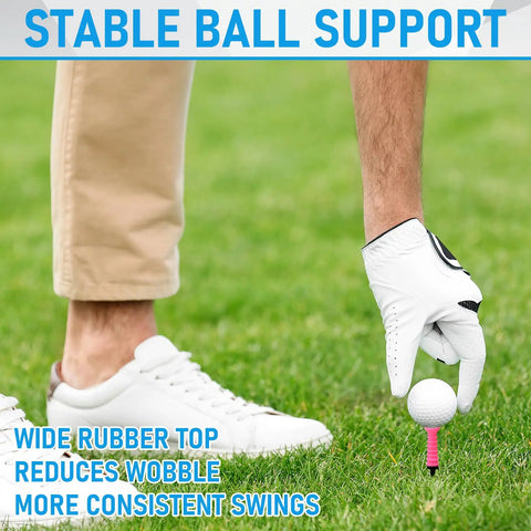 Golfer placing ball on 20 Pack Plastic Golf Tees With Soft Rubber Top, 3.25 Inch Tees That Cut Friction And Side Spin.