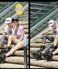 All Around Inline Skates For Girls Boys And Adults Adjustable Roller Blades with black and purple design on stairs