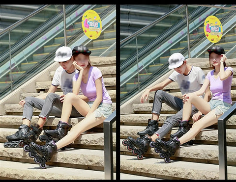 Two people wearing Dope All Purpose Inline Skates For Kids And Adults Adjustable Roller Blades sitting on steps in casual wear.