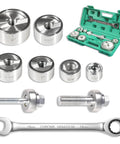 No Sweat Heavy Duty Ratchet Knockout Hole Punch Driver Kit 1 2 To 2 Inch manual tool with six metal precision dies and wrench.