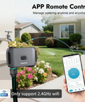 WiFi Water Timer For Garden Hose Smart Sprinkler Timer with app remote control in use, showing smartphone screen and garden scene.