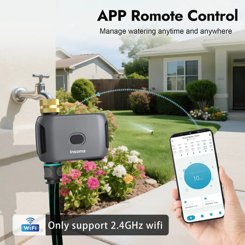 WiFi Water Timer For Garden Hose Smart Sprinkler Timer with app remote control in use, showing smartphone screen and garden scene.