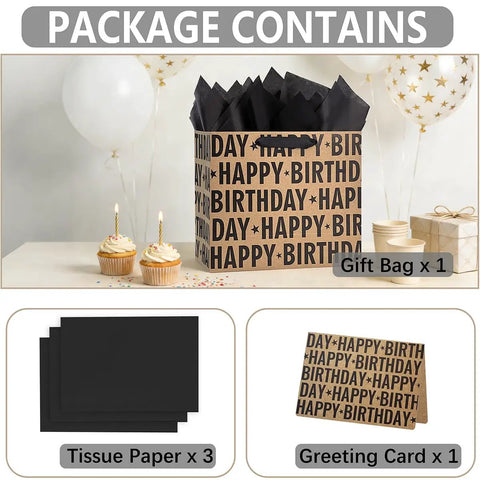 13 Inch Kraft Birthday Gift Bag With Tissue Paper And Greeting Card Black Happy Birthday Lettering Design Perfect For Men Women And Kids Eco Friendly Gift Bag For Any Occasion