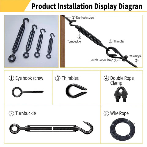 M5 Hook And Eye Turnbuckle Set Of 5 304 Stainless Steel Heavy Duty Wire Rope Tensioners installation diagram
