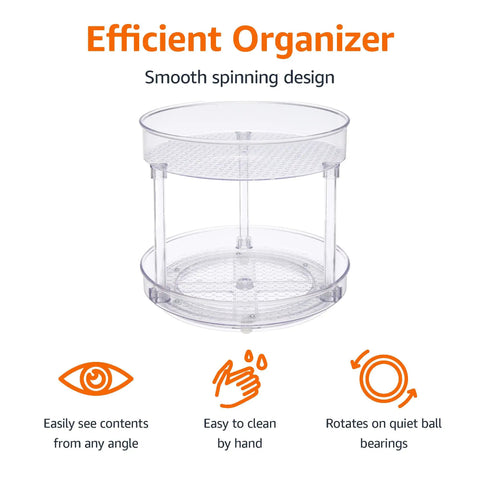Clear Lazy Susan Turntable Organizer For Spices And Condiments With Smooth Rotating 2 Tier Design Nine Inch Diameter BPA Free Plastic Non Slip Base