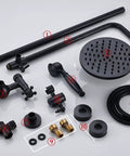 Oil Rubbed Bronze Rain Shower System With 8 Inch Round Overhead Rain Shower Head And Handheld Spray Dual Function 2 Knob Mixer Wall Diverter Adjustable Slide Bar 27.5 To 47 Inches For A Modern Dope Bathroom Setup components