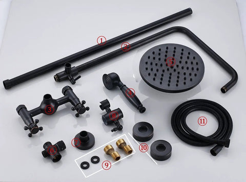 Oil Rubbed Bronze Rain Shower System With 8 Inch Round Overhead Rain Shower Head And Handheld Spray Dual Function 2 Knob Mixer Wall Diverter Adjustable Slide Bar 27.5 To 47 Inches For A Modern Dope Bathroom Setup components