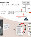 Diagram of Wireless 3 Way Light Switch Kit No Wiring 15A High Power With Remote Receiver, junction box installation guide.