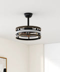 19 Inch Black Caged Ceiling Fan With Lights And Remote, Industrial Style Ceiling Fixture for Bedroom, no bulb, reversible, 2 downrods