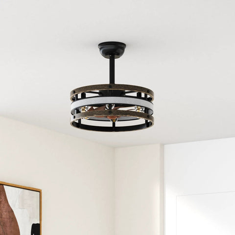 19 Inch Black Caged Ceiling Fan With Lights And Remote, Industrial Style Ceiling Fixture for Bedroom, no bulb, reversible, 2 downrods