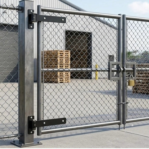 Bulletproof Heavy Duty Stainless Steel Gate Hinges With Silent Ball Bearings For Farm Fence Barn And Wood Doors mounted on a chain link gate.