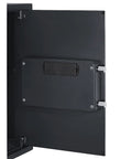 Open door view of compact steel home safe box showcasing digital keypad and manual override keys, rugged 11 gauge construction.