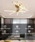Modern LED Flush Mount Ceiling Light With Ten LED Tubes Rotatable Dope Gold Fixture in a stylish living room setting