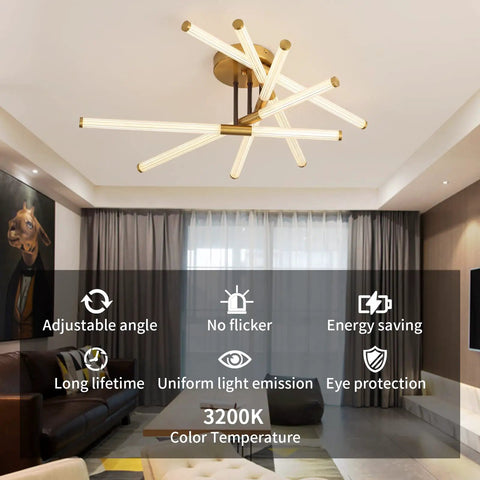 Modern LED Flush Mount Ceiling Light With Ten LED Tubes Rotatable Dope Gold Fixture in a stylish living room setting