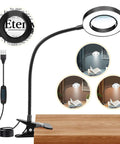 10X Lighted Magnifying Glass With Clip On Mount 48 LED Desk Clamp Magnifier showing modes on bedside for closeup inspection