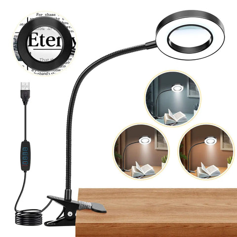 10X Lighted Magnifying Glass With Clip On Mount 48 LED Desk Clamp Magnifier showing modes on bedside for closeup inspection