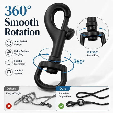 Heavy Duty Black Zinc Alloy Flag Hooks With Swivel Eye Bolt Snap Clasps showing 360° rotation feature and tangle-free design.