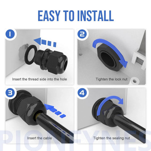 Installation steps for 100 Pack PG7 Cable Glands Waterproof Adjustable 3-6.5mm Nylon Cable Glands Joints With Gaskets For Indoor Outdoor Use IP68 Weatherproof Seal Rugged DIY Friendly Kit For Tough Electrical Projects